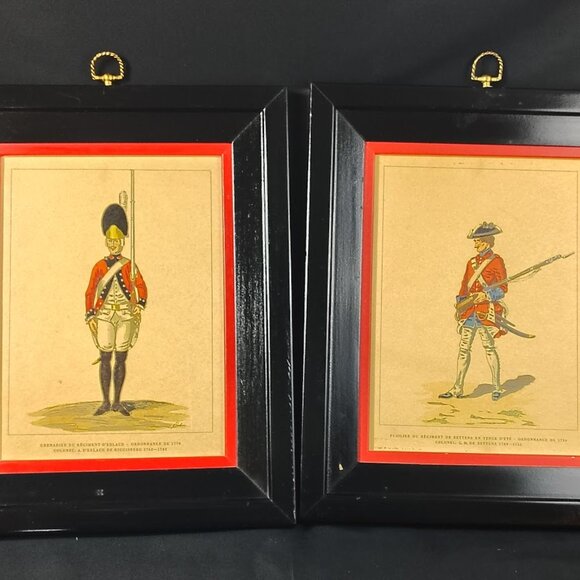 Pair of Framed French Military Prints 18th Century Uniforms 15"x12" Black & Red - Picture 4 of 6
